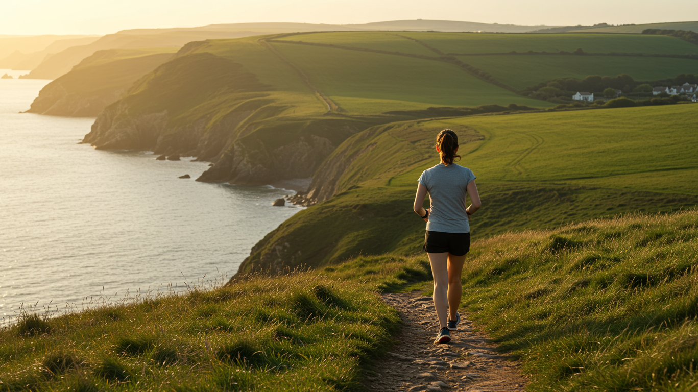 Woman walking a clifftop path at sunset on the UK coast, showing incline walking on varied terrain for heart health, balance, and mood benefits.