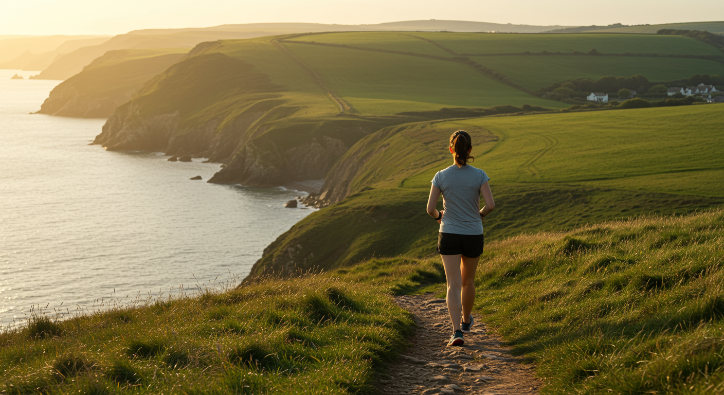 Woman walking a clifftop path at sunset on the UK coast, showing incline walking on varied terrain for heart health, balance, and mood benefits.